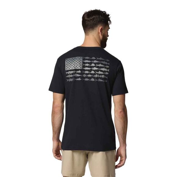 Columbia Men's Small PFG Americana Saltwater Fish Flag black short sleeve TShirt - Picture 1 of 6